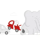Słoń zderza się z czerwonym samochodem, w którym siedzi zmartwiony kierowca. Obok stoi szary samochód. Ilustracja nawiązuje do art. 34 ustawy o ubezpieczeniach obowiązkowych.
