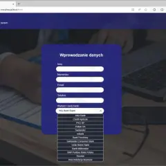 Formularz KNF do wprowadzania danych, sugerujący potencjalnych euroins oszuści. Wybór banku z listy.
