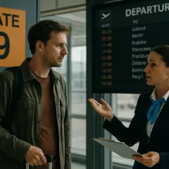 Niezadowolony pasażer dowiaduje się o overbookingu i możliwości uzyskania odszkodowania od pracownicy lotniska.