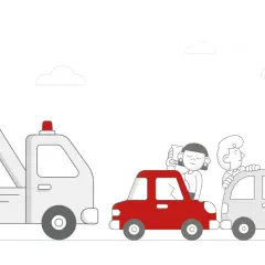 Awaria auta? Ubezpieczenie assistance to pomoc w takiej sytuacji. Na rysunku auto z pomocą drogową i pasażerowie w uszkodzonych pojazdach.