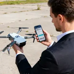 Mężczyzna w garniturze trzyma drona i smartfon z aplikacją Polisa OC. Ubezpieczenie drona OC to podstawa.