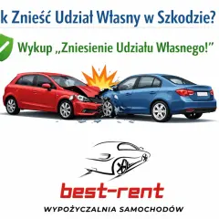 Wykup "Zniesienie udziału własnego" w szkodzie. Dwa rozbite samochody, czerwony i niebieski. Logo Best-Rent.