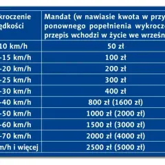 Tabela mandatów za przekroczenie prędkości. Im wyższa prędkość, tym wyższa kara, a przy powtórnym wykroczeniu kwota rośnie.