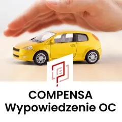 Żółty samochodzik pod dłonią, logo Compensa i tekst "Wypowiedzenie OC". Zastanawiasz się nad compensa rezygnacja z polisy?