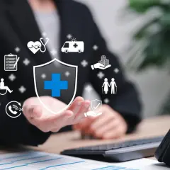 Ochrona przed **all risk** – symbol tarczy z krzyżem, ikony medyczne, pomoc dla seniorów i niepełnosprawnych, wsparcie finansowe.