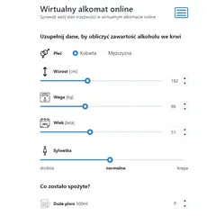 Wirtualny alkomat online. Wpisz dane: płeć, wzrost, wagę, wiek, sylwetkę i spożyte alkohole, by sprawdzić, jaka kara grozi za 0,13 promila.