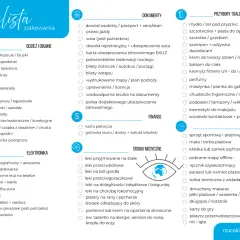 Checklista pakowania z kategoriami: odzież, dokumenty, kosmetyki, finanse, elektronika, środki medyczne, dodatkowo.