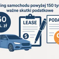 Niebieski samochód, umowa leasingowa i dokument "PODATKI" z symbolem procentu. Leasing samochodu na firmę powyżej 150 tys. zł.