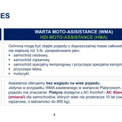 Zakres WARTA MOTO-ASSISTANCE (WMA) obejmuje różne typy pojazdów, w tym samochody osobowe, ciężarowe, kempingowe, przyczepy i motocykle.