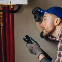 Fachowiec sprawdza instalację wodną. Ubezpieczenie mieszkania a wymiana pionów – kluczowe dla spokoju.