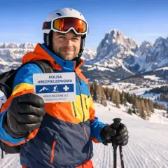 Narciarz w Dolomitach trzyma kartę "Polisa Ubezpieczeniowa", zapewniając sobie bezpieczeństwo podczas szusowania. Ubezpieczenie narciarskie Włochy to podstawa!