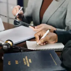 Prawnicy analizują dokumenty, dyskutując o potencjalnej dewastacji. Na stole młotek sędziowski i laptop.