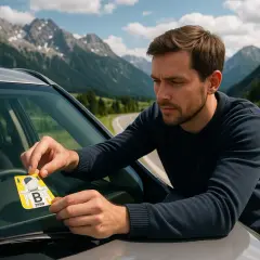 Mężczyzna przykleja winietę na szybę, przygotowując się do podróży samochodem przez malownicze góry Austrii.