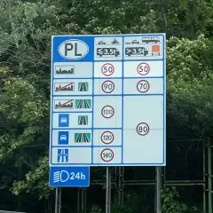 Znak drogowy w Polsce informuje o limitach prędkości: 50 km/h w terenie zabudowanym, 90 km/h poza terenem zabudowanym, 100 km/h dla samochodów z przyczepą, 120 km/h na drogach ekspresowych, 140 km/h na autostradach.