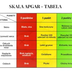 Tabela Skali Apgar: ocena noworodka od 0 do 10 punktów. Kryteria: skóra, czynność serca, odruch, napięcie mięśniowe, oddech.