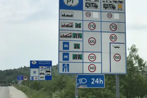 Znaki drogowe informują, ile można jechać w terenie niezabudowanym: 90 km/h dla samochodów, 70 km/h dla ciężarówek, 100 km/h na autostradzie.