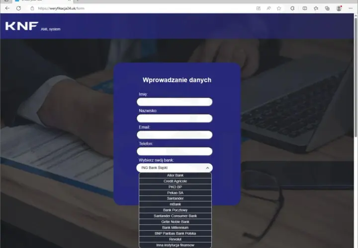 Formularz KNF do wprowadzania danych, sugerujący potencjalnych euroins oszuści. Wybór banku z listy.
