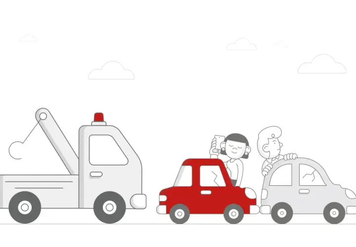 Awaria auta? Ubezpieczenie assistance to pomoc w takiej sytuacji. Na rysunku auto z pomocą drogową i pasażerowie w uszkodzonych pojazdach.