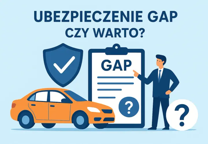Pomarańczowy samochód, tarcza z zaznaczeniem i dokument z napisem GAP. Czy warto zainwestować w ubezpieczenie GAP?