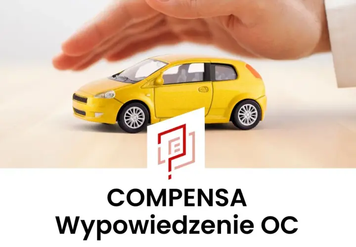 Żółty samochodzik pod dłonią, logo Compensa i tekst "Wypowiedzenie OC". Zastanawiasz się nad compensa rezygnacja z polisy?
