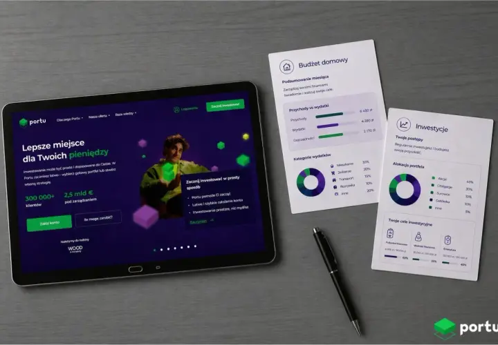 Tablet z aplikacją Portu i wykresami finansowymi: budżet domowy, wydatki, inwestycje.