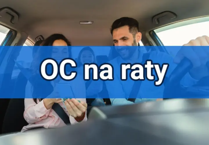 Rodzina w samochodzie, na niebieskim tle napis "OC na raty". Dowiedz się, na ile rat można rozłożyć ubezpieczenie samochodu.
