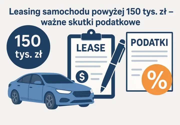 Niebieski samochód, umowa leasingowa i dokument "PODATKI" z symbolem procentu. Leasing samochodu na firmę powyżej 150 tys. zł.