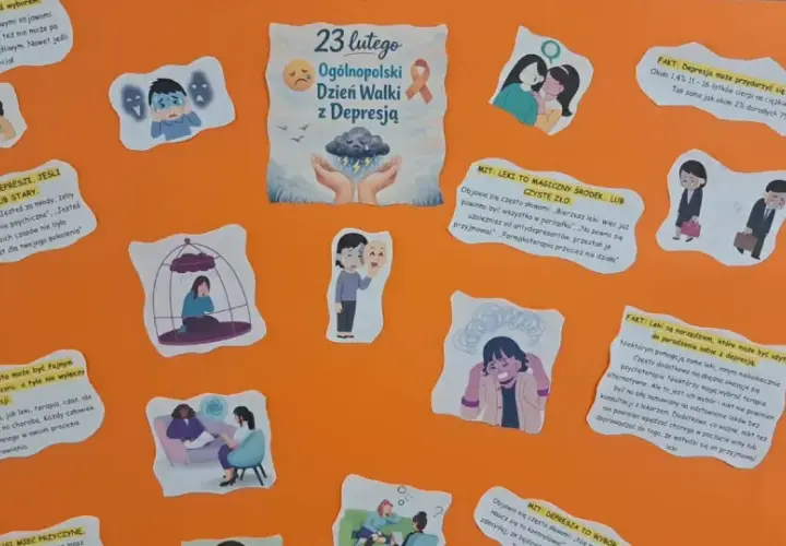 Plakat o depresji: fakty i mity. Ilustracje przedstawiają osoby zmagające się z najcięższymi chorobami psychicznymi, w tym z depresją.