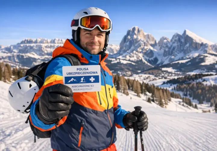 Narciarz w Dolomitach trzyma kartę "Polisa Ubezpieczeniowa", zapewniając sobie bezpieczeństwo podczas szusowania. Ubezpieczenie narciarskie Włochy to podstawa!