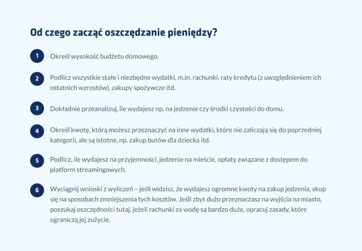Lista kroków do rozpoczęcia oszczędzania pieniędzy: określ budżet, policz wydatki stałe, przeanalizuj bieżące koszty, wyznacz kwoty na inne potrzeby, podlicz przyjemności i wyciągnij wnioski.