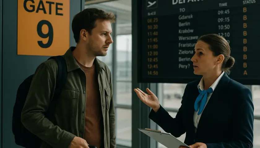 Niezadowolony pasażer dowiaduje się o overbookingu i możliwości uzyskania odszkodowania od pracownicy lotniska.