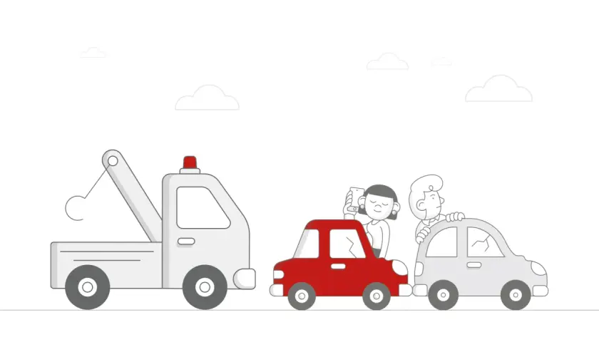 Awaria auta? Ubezpieczenie assistance to pomoc w takiej sytuacji. Na rysunku auto z pomocą drogową i pasażerowie w uszkodzonych pojazdach.