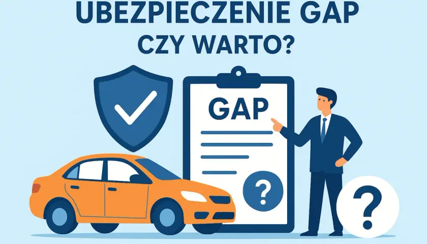 Pomarańczowy samochód, tarcza z zaznaczeniem i dokument z napisem GAP. Czy warto zainwestować w ubezpieczenie GAP?