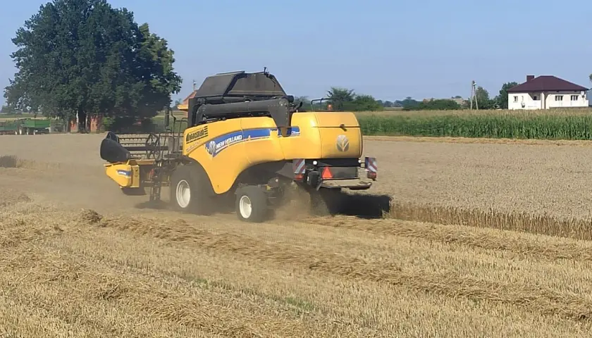 Żółta maszyna rolnicza, kombajn, pracuje na polu. Ubezpieczenie pojazdu wolnobieżnego zapewnia spokój podczas żniw.