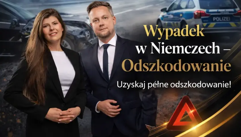 Para prawników oferuje pomoc w uzyskaniu zadośćuczynienia po wypadku w Niemczech. W tle uszkodzone samochody i radiowóz.