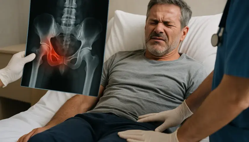 Pacjent z bólem biodra, lekarz pokazuje RTG miednicy z zaznaczonym złamaniem Malgaigne.