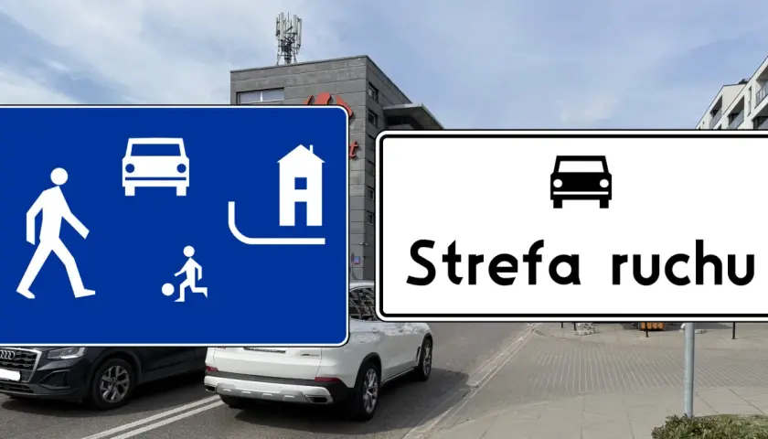 Znaki drogowe informują o strefie zamieszkania. Zasady ruchu są tu inne: piesi mają pierwszeństwo, a dzieci mogą bawić się na jezdni.