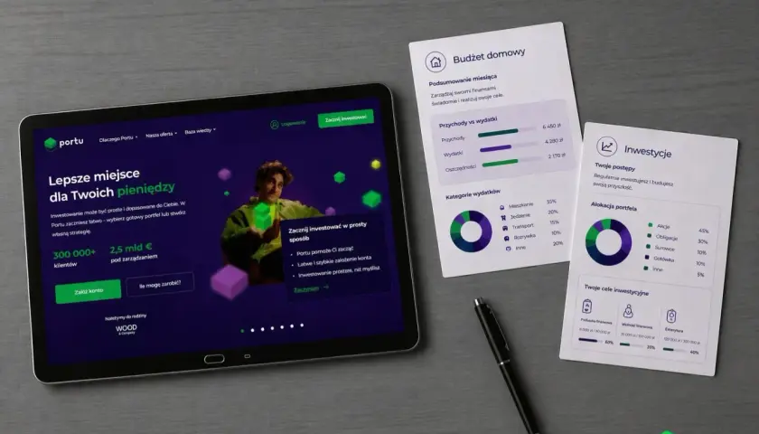 Tablet z aplikacją Portu i wykresami finansowymi: budżet domowy, wydatki, inwestycje.
