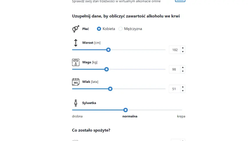 Wirtualny alkomat online. Wpisz dane: płeć, wzrost, wagę, wiek, sylwetkę i spożyte alkohole, by sprawdzić, jaka kara grozi za 0,13 promila.