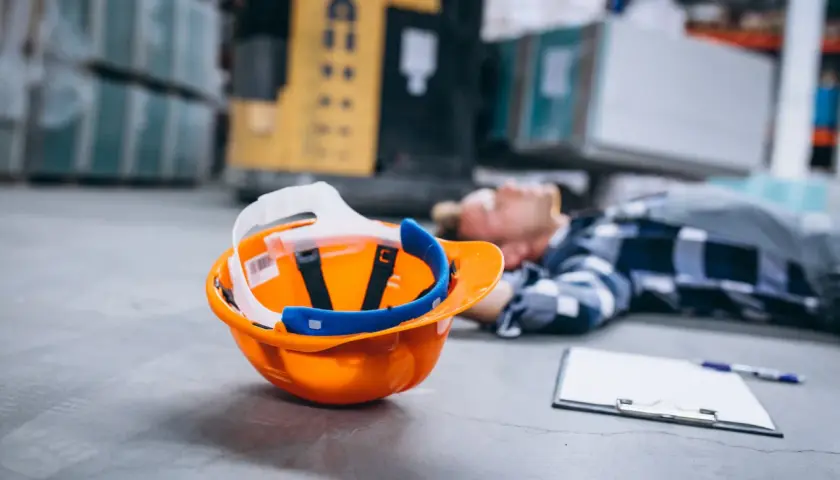 Wypadek w pracy, złamanie rzepki. Zgłoś szkodę do PZU, aby uzyskać odszkodowanie. Kask i notatki leżą obok poszkodowanego.