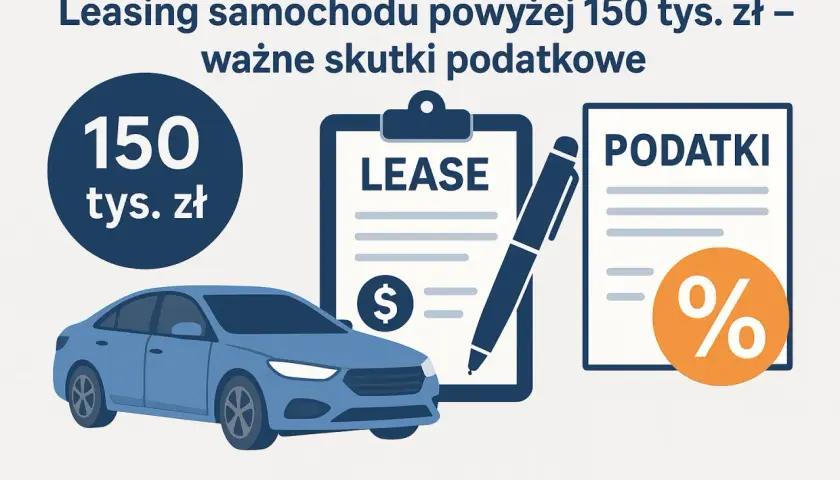 Niebieski samochód, umowa leasingowa i dokument "PODATKI" z symbolem procentu. Leasing samochodu na firmę powyżej 150 tys. zł.