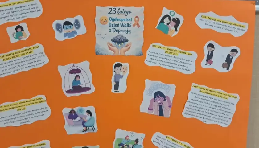 Plakat o depresji: fakty i mity. Ilustracje przedstawiają osoby zmagające się z najcięższymi chorobami psychicznymi, w tym z depresją.