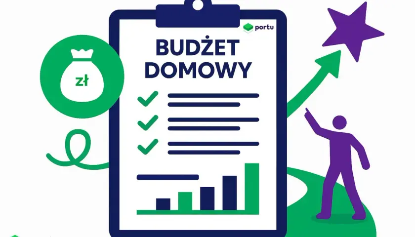 Zadbaj o swój budżet domowy! Ikona worka z pieniędzmi, lista zadań i wykresy symbolizują planowanie finansów.
