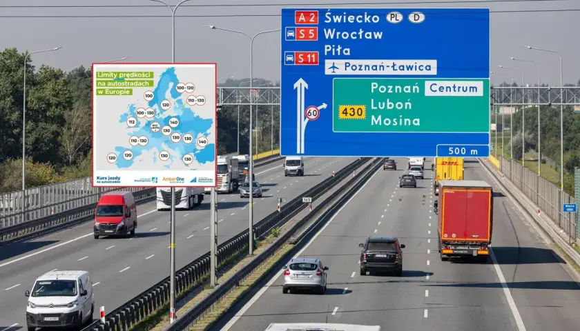 Na autostradzie w Polsce, obok mapy z dopuszczalną prędkością na autostradach w Europie, znaki wskazują kierunki: A2 Świecko, S5 Wrocław, S11 Piła, Poznań-Ławica, Poznań Centrum, Luboń, Mosina.