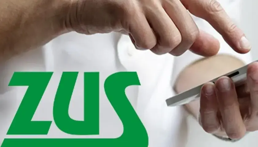 Dłonie korzystają ze smartfona na tle logo ZUS. Możliwość sprawdzenia statusu wniosku o dożywotnią rentę wypadkową.