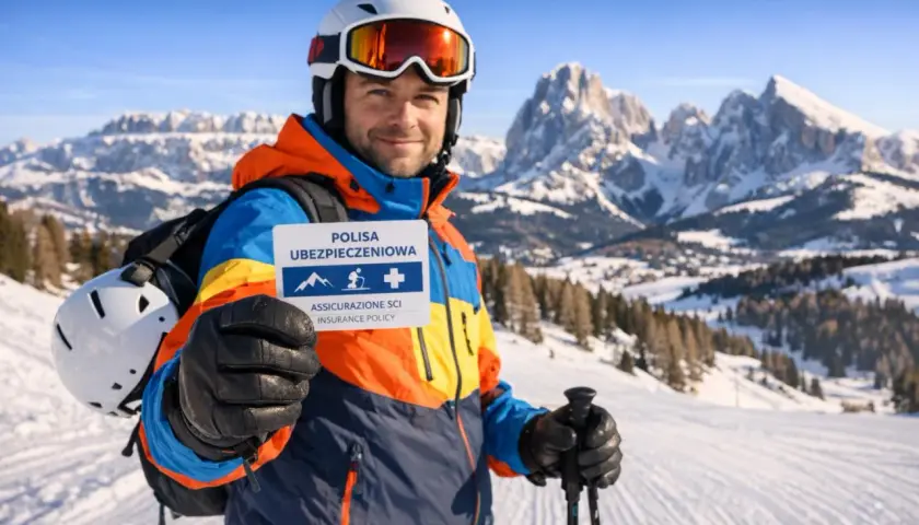 Narciarz w Dolomitach trzyma kartę "Polisa Ubezpieczeniowa", zapewniając sobie bezpieczeństwo podczas szusowania. Ubezpieczenie narciarskie Włochy to podstawa!