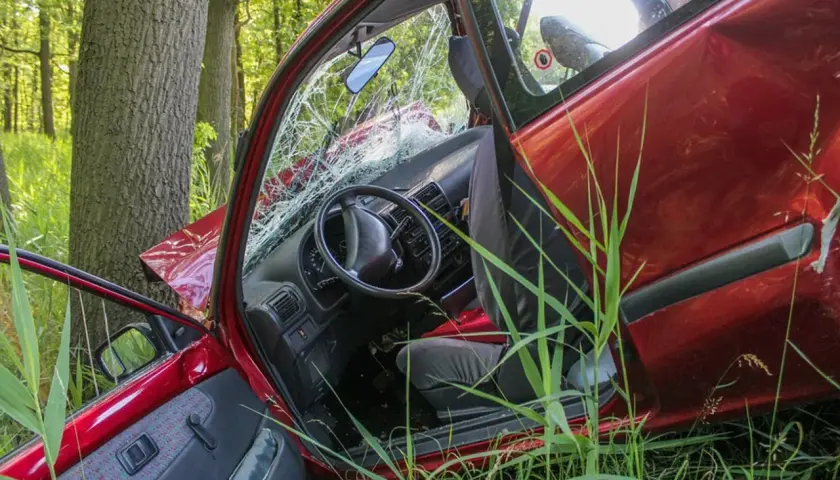 Rozbite auto po zderzeniu z drzewem. Wypadki dzielimy na te, które można było uniknąć, i te, które się zdarzają.