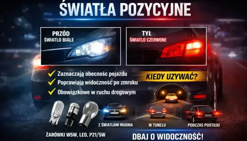 Porównanie świateł pozycyjnych i mijania: białe z przodu, czerwone z tyłu. Używaj ich w tunelu i podczas postoju.