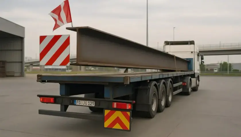 Długi profil stalowy wystaje daleko z tyłu lawety, oznaczony flagą i tablicami ostrzegawczymi.