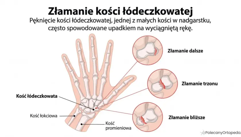 Ilustracja pokazuje złamanie kości łódeczkowatej nadgarstka, co może być podstawą do ubiegania się o odszkodowanie.